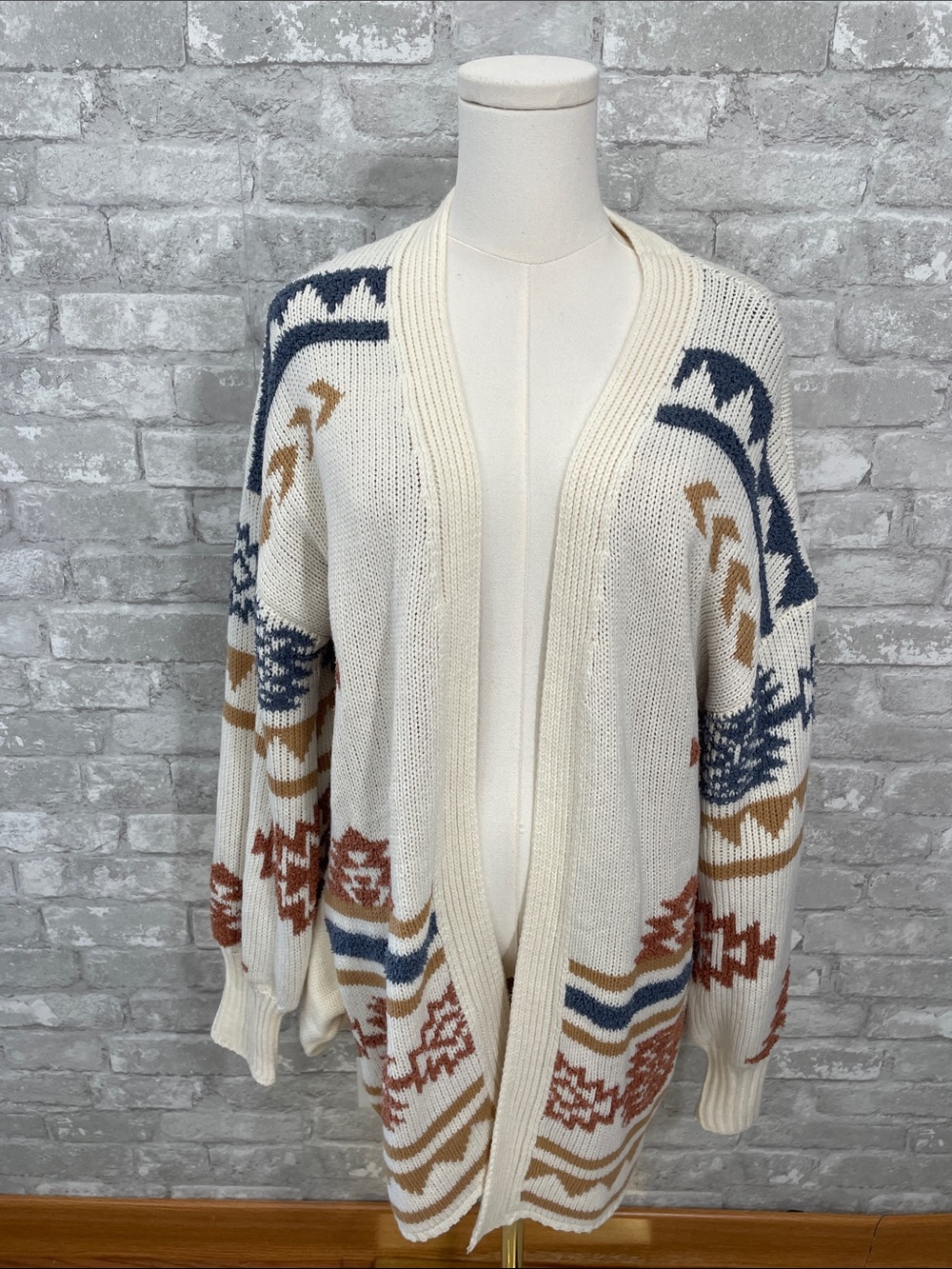 Love Riche Cream Open-Front Geometric Cardigan with Blue and Brown Accents